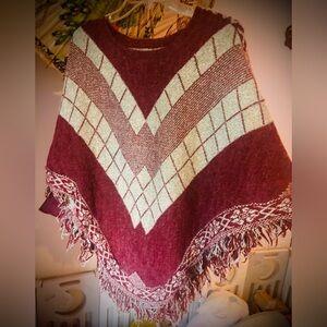 Maroon & Gray Knit Poncho w/Fringe Edging